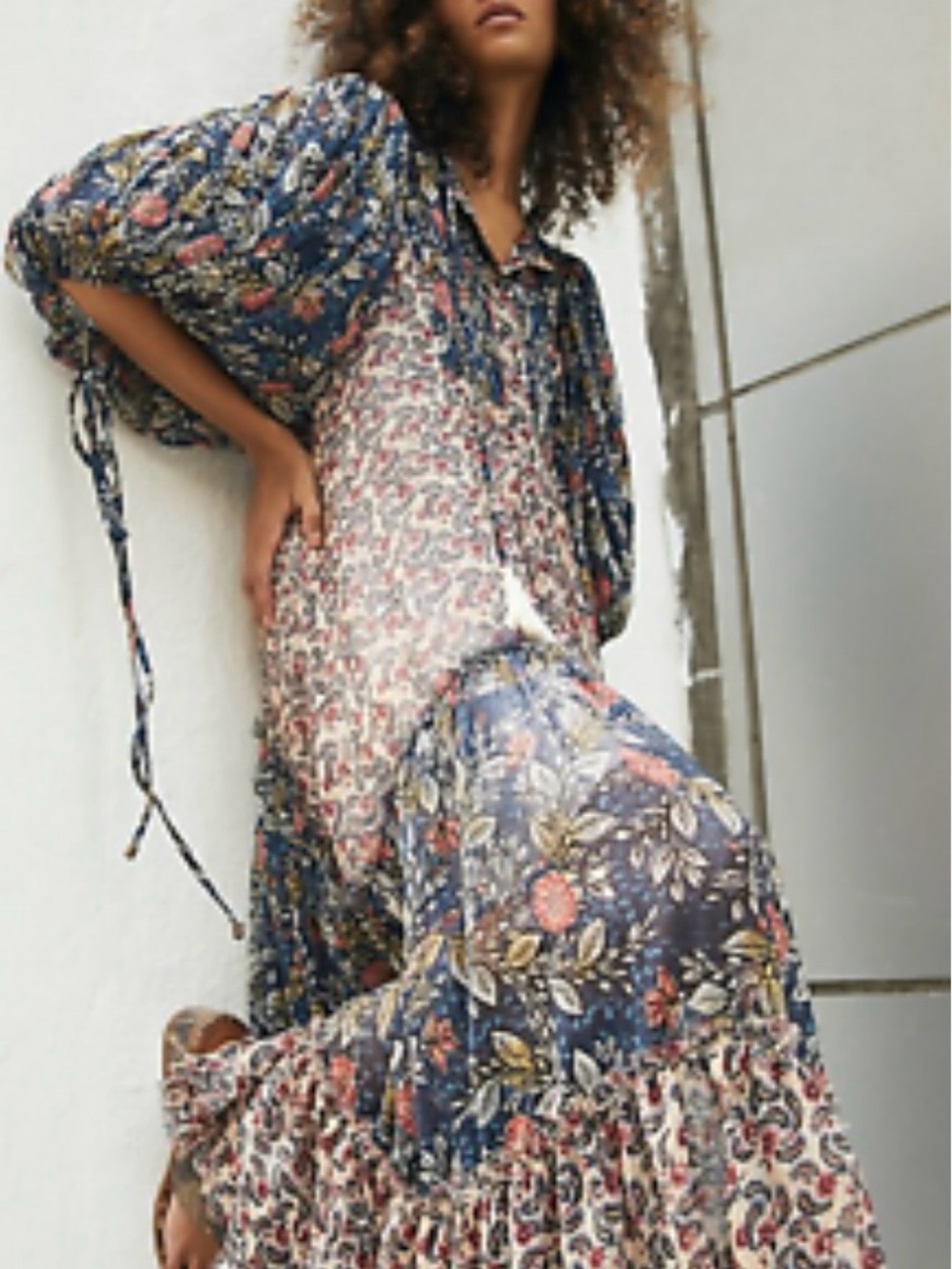 Free People Boho Floral Tiered Maxi Dress in Navy and Cream